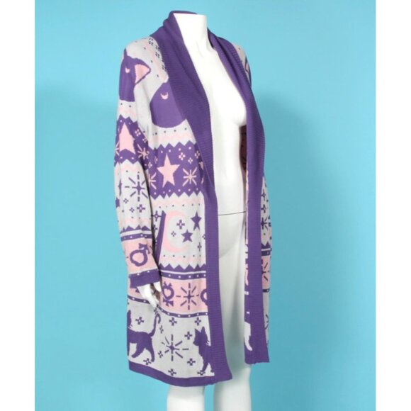 Sailor Moon Luna TORRID Fairisle Open Cardigan Sz 1 Pockets Pink/Grey/Purple 062 - Picture 4 of 5